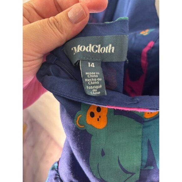 Modcloth Just Swinging By Fit & Flare Dress Size 14 Blue Monkey Print  Womens Su - Picture 5 of 8